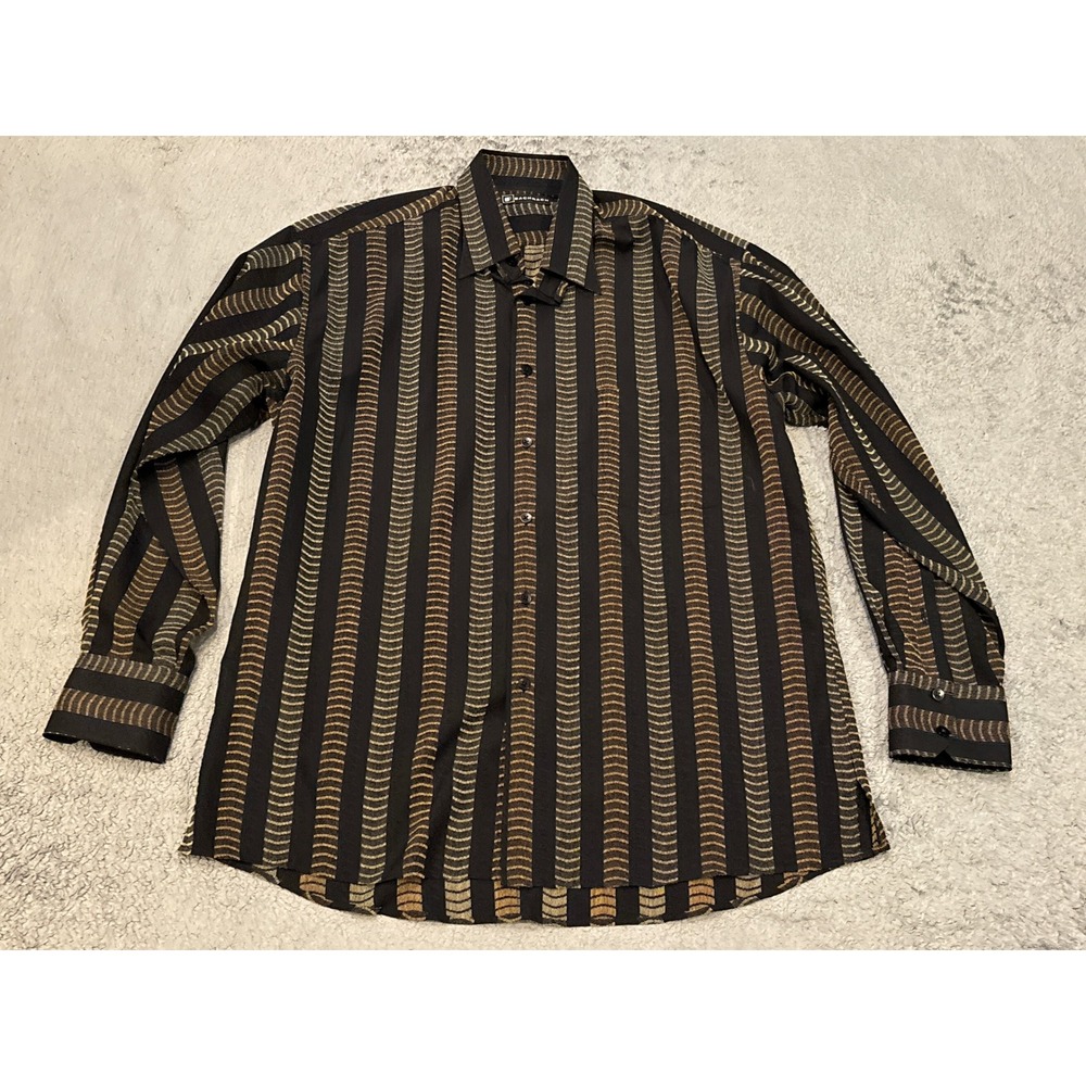 Bachrach Mens Long Sleeve Button Up Shirt Black Gold Metallic Stripe Sz L